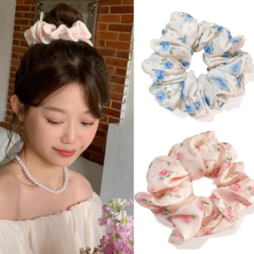 Haargummis für dickes Haar, für Damen und Mädchen, große, flauschige Haargummis zum Schlafen, großer Haargummi, Pferdeschwanz-Halter für dickes, dünnes lockiges Haar (Rosa + Blau) von Gobabo
