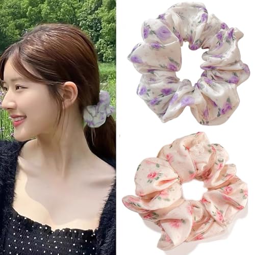 Haargummis für dickes Haar, für Damen und Mädchen, große, flauschige Haargummis zum Schlafen, großer Haargummi, Pferdeschwanz-Halter für dickes, dünnes lockiges Haar (Rosa + Lila) von Gobabo