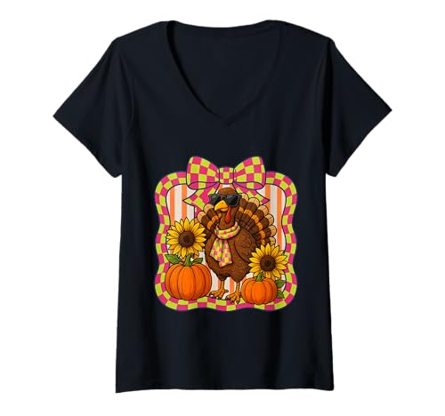 Damen Bunte Thanksgiving-Truthahn mit karierter Schleife T-Shirt mit V-Ausschnitt Damen Bunte Thanksgiving-Truthahn mit karierter Schleife T-Shirt mit V-Ausschnitt von Gobble Glam Goods