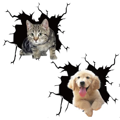 2St 3D Auto Sticker Katze Dog Autoaufkleber, ZERRISSENES Auto-aufkleber Welpe Hund design decal, Stereo Katze Auto Aufkleber Anime Dekoration Auto Stoßstange Aufkleber Kratzer Thema Wand Aufkleber von Gobfar