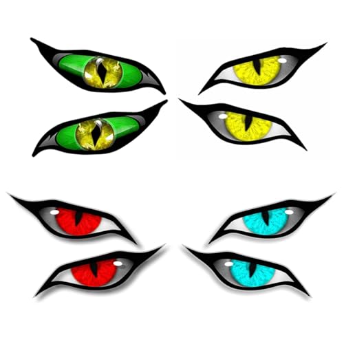 4 Paar 3D Rot Böse Augen für Auto Motorrad Helm Aufkleber, Böse Augen Aufkleber Reflektierende PVC Abziehbilder, Evil Eyes Vinyl Drohne Motorrad Helm Auto Aufkleber Sticker, Rot Blau Grün Gelb von Gobfar
