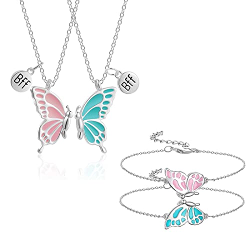 4 Stück BFF Schmetterling Freundschaftskette Schmetterling Armbänder Set,2 Frauen Mädchen BFF Halskette Schmetterling Schmuck Anhänger und 2 Schmetterling Armbänder, Geschenk für BFF Freunde von Gobfar