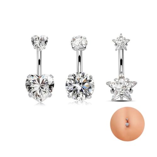 Bauchnabelpiercing, 3 Stück Chirurgenstahl Piercing Bauchnabel Ring, CZ Herz Bauchnabelpiercing Silber, Stern Bauchpiercing, Bauchpiercing Barbell Nabel Bars Nabelring Piercing Schmuck für Damen von Gobfar