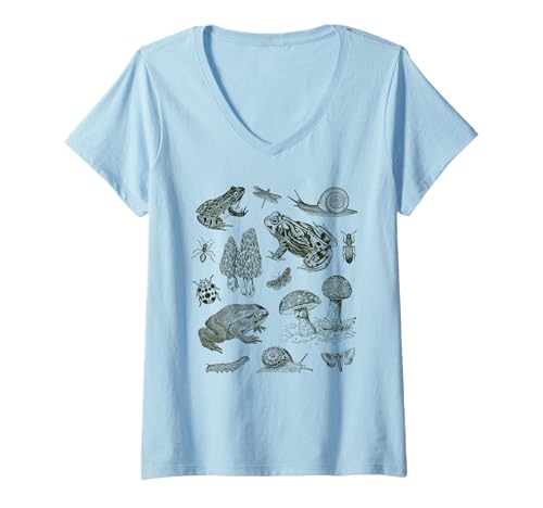 Damen Frog Mushroom 90s Vintage Dark Academia Aesthetic Biology T-Shirt mit V-Ausschnitt Damen Frog Mushroom 90s Vintage Dark Academia Aesthetic Biology T-Shirt mit V-Ausschnitt von Goblincore Aesthetic Vintage Co.