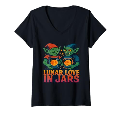 Damen Goblincore Moon Phase Mondphase Goblins T-Shirt mit V-Ausschnitt Damen Goblincore Moon Phase Mondphase Goblins T-Shirt mit V-Ausschnitt von Goblincore