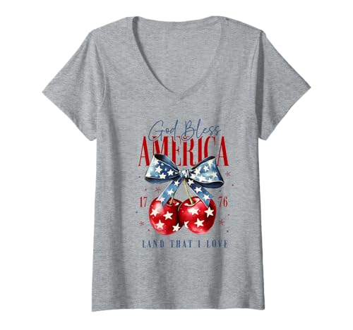 Damen God Bless America Cherry Shirt Coquette Bow independce Day T-Shirt mit V-Ausschnitt Damen God Bless America Cherry Shirt Coquette Bow independce Day T-Shirt mit V-Ausschnitt von God Bless America