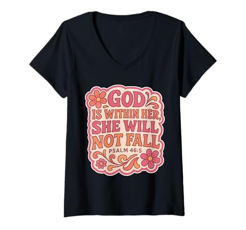 Damen Gott ist in Ihr, sie Wird Nicht Fallen. Christliche Vintage-Frauen T-Shirt mit V-Ausschnitt Damen Gott ist in Ihr, sie Wird Nicht Fallen. Christliche Vintage-Frauen T-Shirt mit V-Ausschnitt von God Is Whithin Her Vintage Products