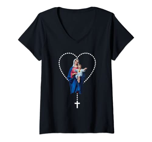 Damen Heiliger Rosenkranz Mama Maria Jesus T-Shirt mit V-Ausschnitt Damen Heiliger Rosenkranz Mama Maria Jesus T-Shirt mit V-Ausschnitt von God Lover Apparel