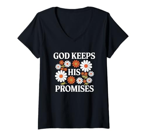 Damen Gott hält Seine Versprechen Christlicher Glaube Bibelschrift Floral T-Shirt mit V-Ausschnitt Damen Gott hält Seine Versprechen Christlicher Glaube Bibelschrift Floral T-Shirt mit V-Ausschnitt von God Promises Christian