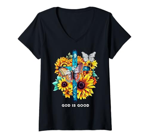 Damen God is good Kreuz Sonnenblumen Schmetterlinge Christian T-Shirt mit V-Ausschnitt Damen God is good Kreuz Sonnenblumen Schmetterlinge Christian T-Shirt mit V-Ausschnitt von God is Good Christian Gifts and Apparel