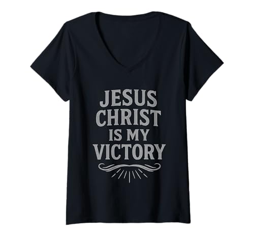 Damen Jesus Christus is My Victory Gospel Message T-Shirt mit V-Ausschnitt Damen Jesus Christus is My Victory Gospel Message T-Shirt mit V-Ausschnitt von GodSounds Christian Apparel