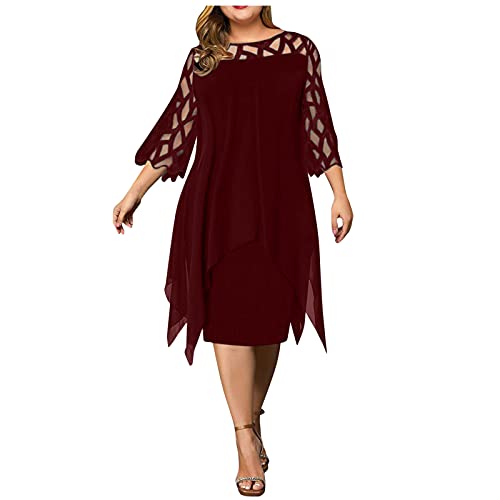 Godathe Damen Kleid Mode Große Größen Knielang Asymmetrisch Elegant Abendkleider Für Mollige Frauen Kurzarm Maxikleider Festlich Hochzeit Kleider Übergröße Schönes Tunikakleid Partykleid, Wine von Godathe