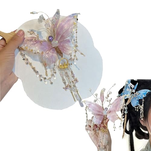 1 Pair Large Fairy Wing Hair Clips with Butterfly Tassel Design, Elegant Fantasy Hair Accessories for Women, Bohemian Butterfly Tears Tassel Hair Clip, Perfect for Parties, Weddings (Pink Purple) von GodbTG