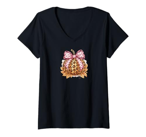 Damen Leopardenmuster Kürbis mit Schleife - Süßer Herbst & Halloween T-Shirt mit V-Ausschnitt Damen Leopardenmuster Kürbis mit Schleife - Süßer Herbst & Halloween T-Shirt mit V-Ausschnitt von Godbee Designs
