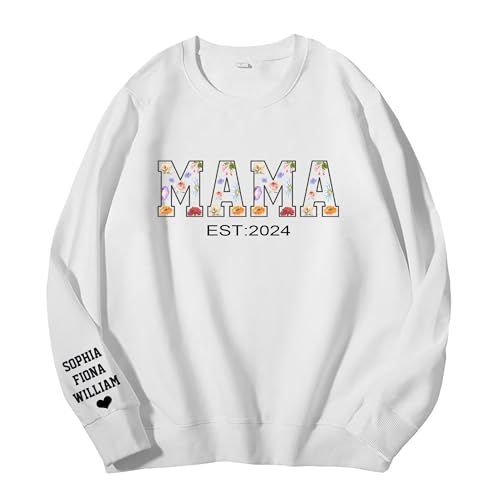 Godchoices Personalisiertes Mama-Sweatshirt mit Kindernamen auf dem Ärmel, Mama Est-Sweatshirt, individuelles Geburtsmonats-Blumen-Sweatshirt für Mama von Godchoices