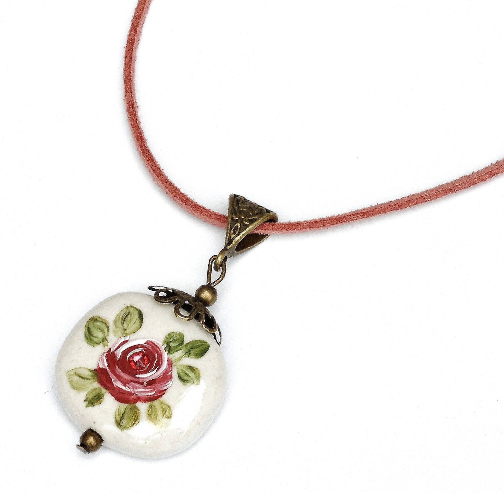 Handbemalter Porzellan Anhänger Halskette Vintage Blumen Schmuck von GoddessArtCollection