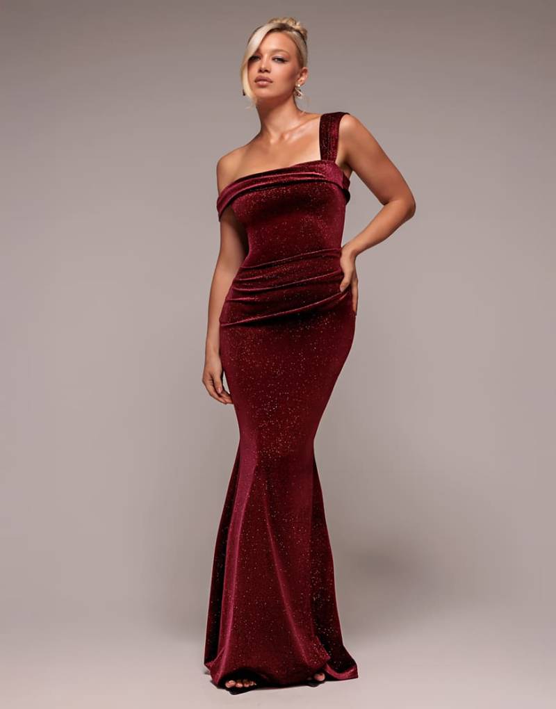 Goddiva - Glitzerndes, gepunktetes One-Shoulder-Maxikleid aus Samt in Weinrot von Goddiva