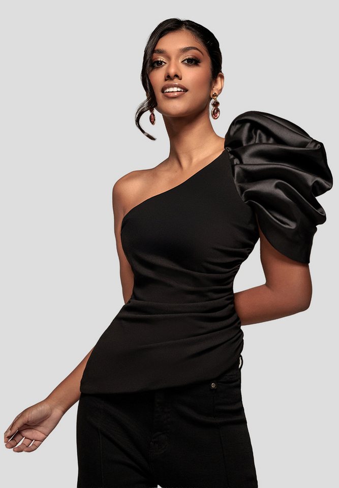 Goddiva Kurzarmbluse One Shoulder Puffed Satin Sleeve Asymmetric Scuba Top One shoulder Pufffy sleeve Top von Goddiva