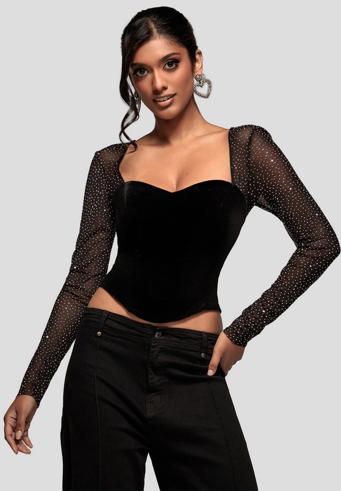 Goddiva Langarmbluse Diamante Long Sleeve Velvet Dipped Hem Top Mesh sleeve Top von Goddiva