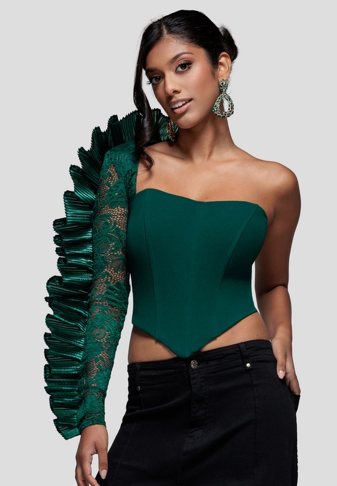 Goddiva Langarmbluse One Shoulder Fan Pleat Frill Corset Top One Shoulder Fan Pleat Frill Corset von Goddiva