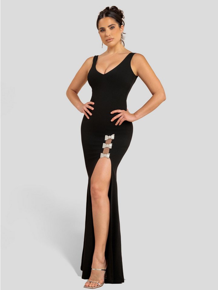 Goddiva Maxikleid Diamante Brooch Thigh Split Mermaid Maxi Dress Lange Kleid, mit Schlitz, V-Ausschnitt von Goddiva