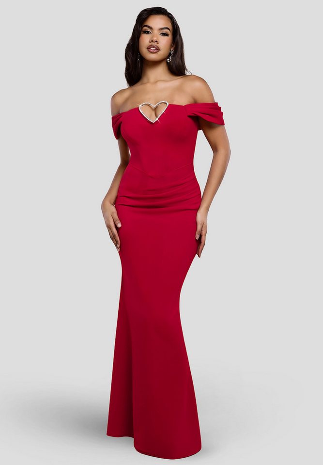 Goddiva Maxikleid Diamante Heart Trim Evening Maxi Dress Langes Kleid, Schulterfrei von Goddiva