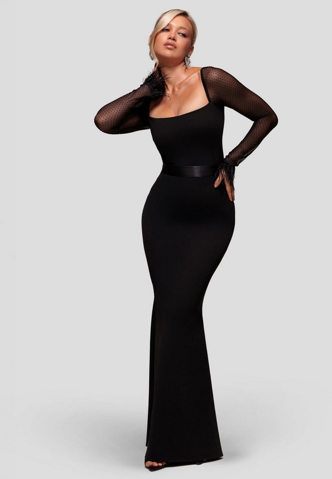 Goddiva Maxikleid Dobby Mesh Feather Sleeve Evening Maxi Dress Langes Kleid, Mesh-Ärmel, Polka Dot Muster von Goddiva