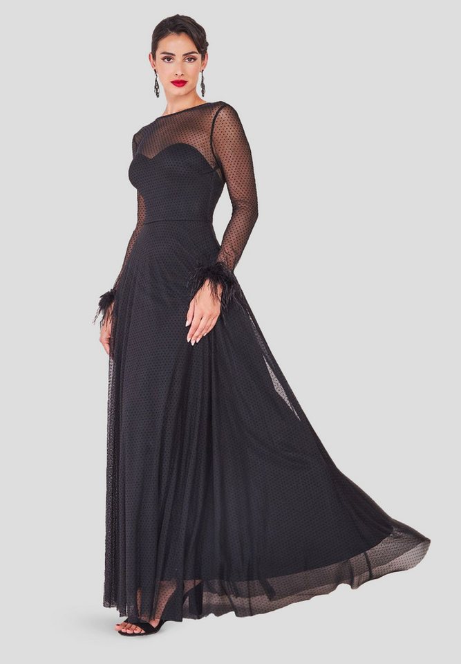 Goddiva Maxikleid Dobby Mesh Feather Sleeve Hem Maxi Dress langes Kleid, Rückenausschnitt, mit Futter Goddiva Maxikleid Dobby Mesh Feather Sleeve Hem Maxi Dress langes Kleid, Rückenausschnitt, mit Futter von Goddiva