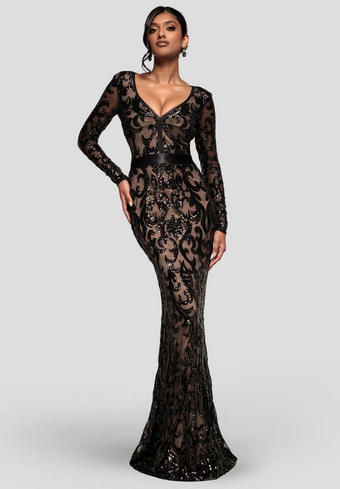 Goddiva Maxikleid Embroidered Sequin & Mesh Maxi Dress Langes Kleid, V-Ausschnitt, transparente Ärmel von Goddiva