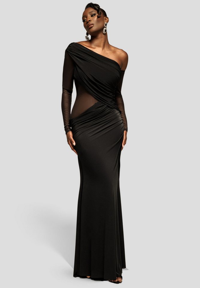 Goddiva Maxikleid Gathered Cowl Asymmetric Mesh And Soft Touch Maxi Dress Langes Kleid, drappiert, lange Ärmel von Goddiva