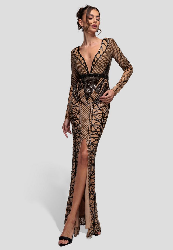 Goddiva Maxikleid Geometric Sequin Plunge Maxi Langes Kleid, Pailetten, Schulterpolster von Goddiva