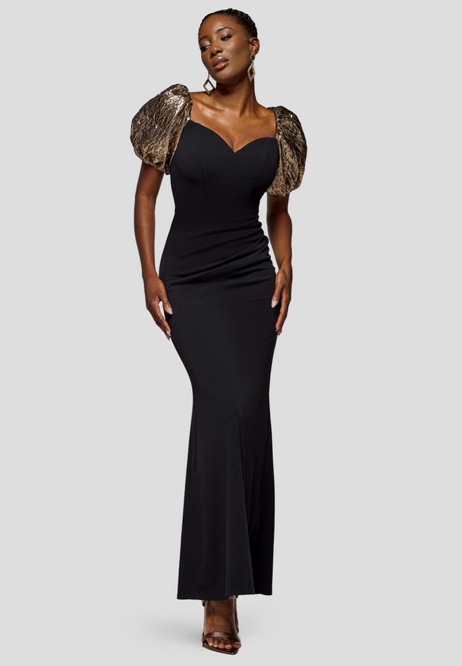 Goddiva Maxikleid Jacquard Puff Sleeve Sweetheart Scuba Maxi Dress Langes Kleid, V-Ausschnitt, Meerjungfrau von Goddiva