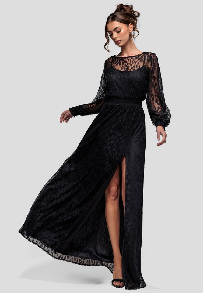 Goddiva Maxikleid Lace Long Sleeve Shirred Waist Maxi Dress Langes Kleid, Bootsausschnitt, lange Ärmel von Goddiva