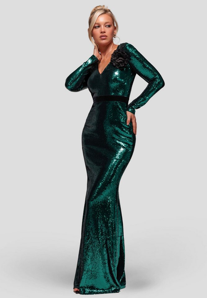 Goddiva Maxikleid Liquid Sequin Corsage Maxi knielang, V-Ausschnitt, lange Ärmel von Goddiva