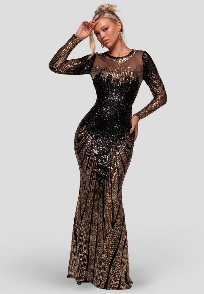 Goddiva Maxikleid Long Sleeve Aztec Sequin Maxi Dress Langes Kleid, Bootsausschnitt, lange Ärmel von Goddiva