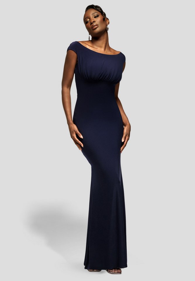 Goddiva Maxikleid Open Back Cowl Neck Gathered Maxi Dress With Velvet Tie Back Langes Kleid, schulterfrei, Wasserfall von Goddiva
