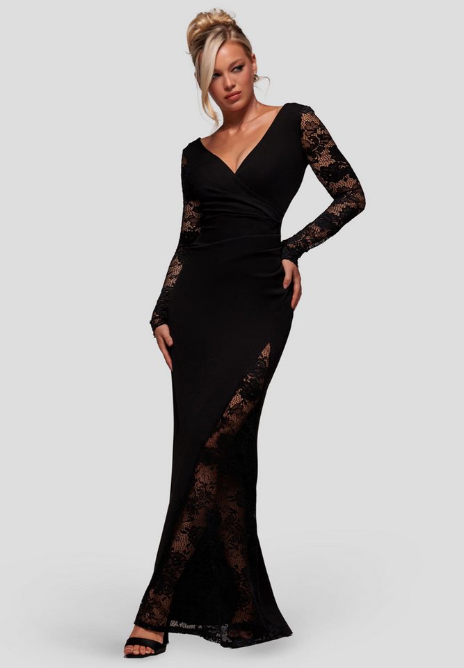 Goddiva Maxikleid Scuba & Lace Wrap Maxi Dress Langes Kleid, Meerjungfrau, lange Ärmel von Goddiva