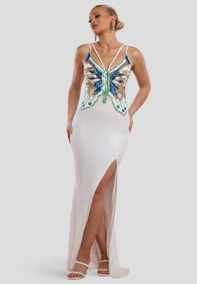 Goddiva Maxikleid Sequin Butterfly Front Split Maxi Dress langes Kleid von Goddiva