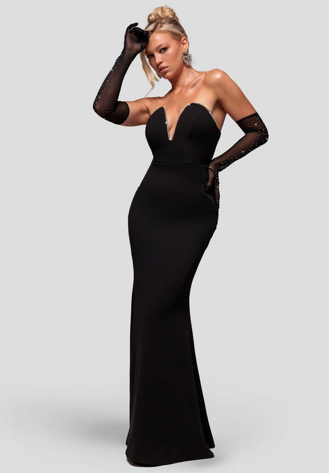 Goddiva Maxikleid Strapless Super Plunge Diamante Neck Maxi Dress Langes Kleid, Meerjungfrau, Ärmellos von Goddiva