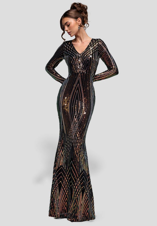 Goddiva Maxikleid Two Toned V Neck Sequin Maxi Langes Kleid, Pailletten, V-Ausschnitt von Goddiva
