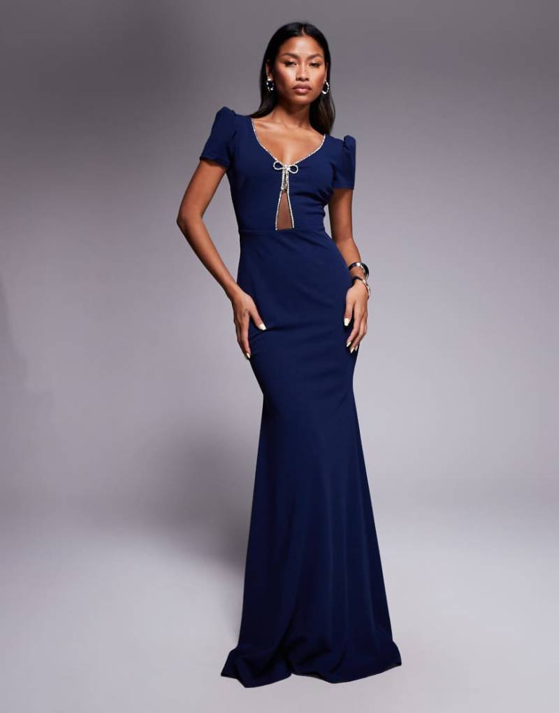 Goddiva - Maxikleid aus neoprenartigem Krepp-Material in Marineblau mit Strassverzierung und Zierschleife von Goddiva