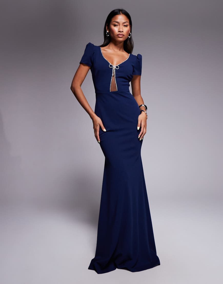 Goddiva - Maxikleid aus neoprenartigem Krepp-Material in Marineblau mit Strassverzierung und Zierschleife von Goddiva