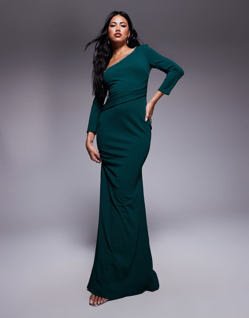 Goddiva - Maxikleid in Smaragdgrün mit asymmetrischem Ausschnitt und Strassverzierung von Goddiva