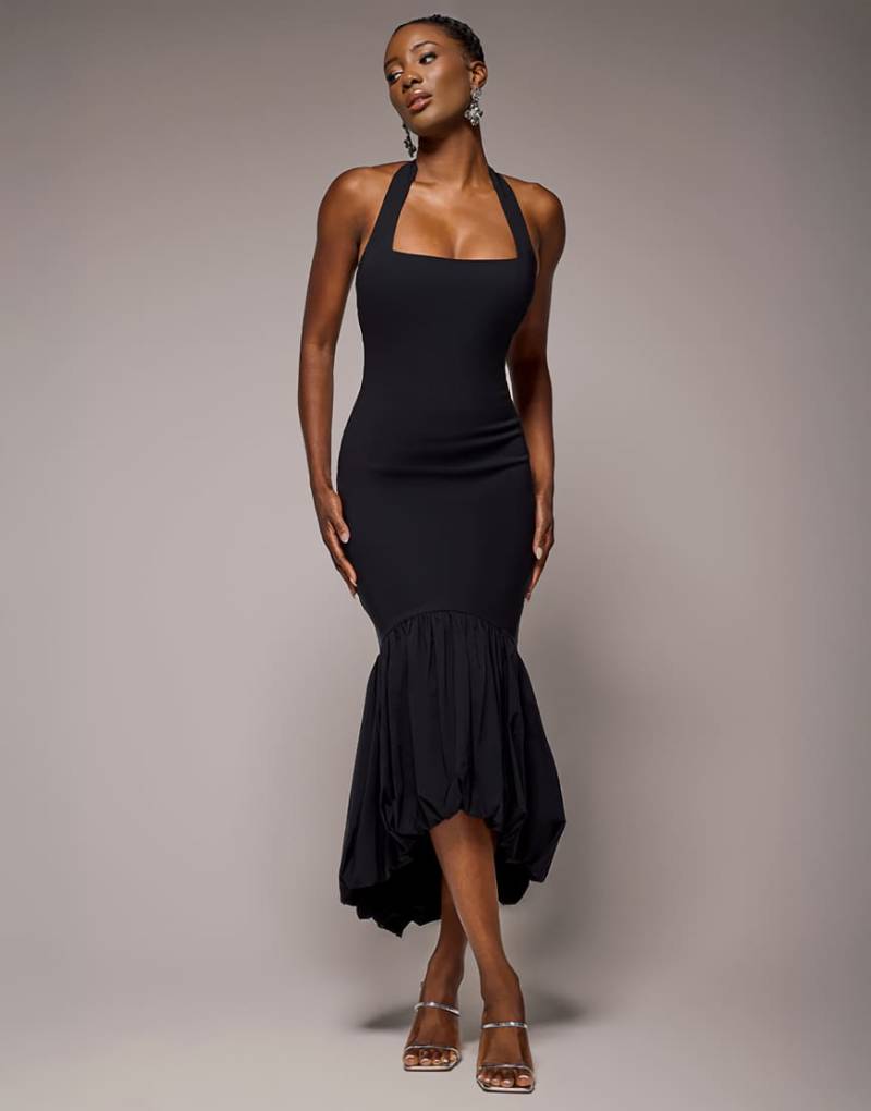 Goddiva - Midaxi-Kleid in Schwarz mit Neckholder, Meerjungfrauenschnitt und bauschigem Saum von Goddiva