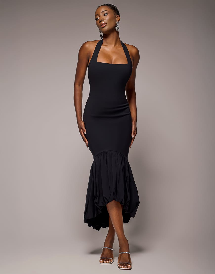 Goddiva - Midaxi-Kleid in Schwarz mit Neckholder, Meerjungfrauenschnitt und bauschigem Saum von Goddiva