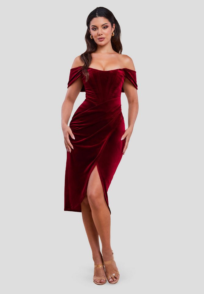 Goddiva Midikleid Draped Shoulder Velvet Corset Midi Dress Knielang, Bodycon, Korsage Goddiva Midikleid Draped Shoulder Velvet Corset Midi Dress Knielang, Bodycon, Korsage von Goddiva