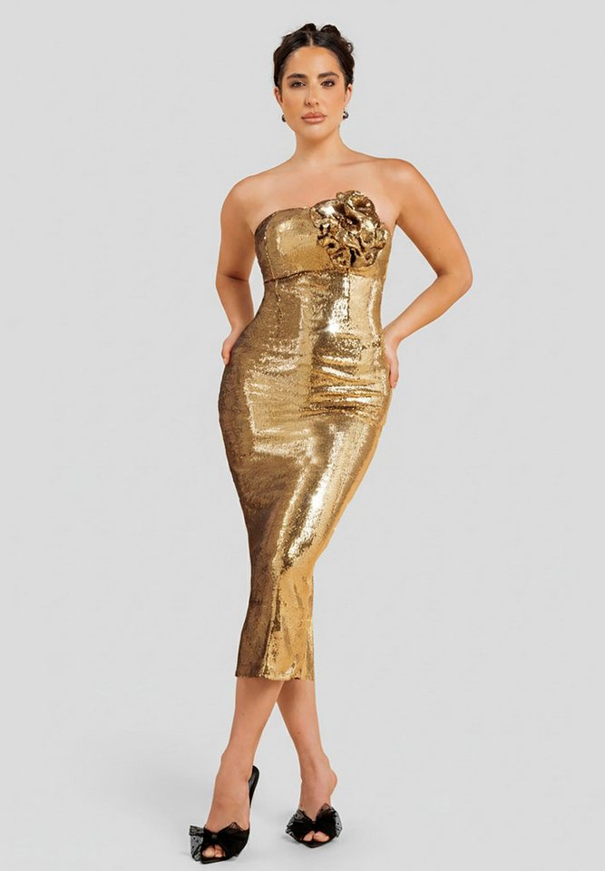 Goddiva Midikleid Liquid Sequin Boobtube Midaxi With Corsage Knielang, Bandeau, Bodycon, Schlitz von Goddiva