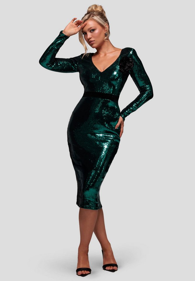 Goddiva Midikleid Liquid Sequin Midi With Corsage Knielang, V-Ausschnitt, Bodycon von Goddiva