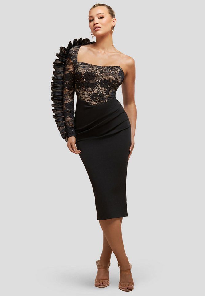 Goddiva Midikleid One Shoulder Organza Fan Detail Lace Bodice Midi Dress Knielanges Kleid, Lange Ärmel, One Shoulder von Goddiva