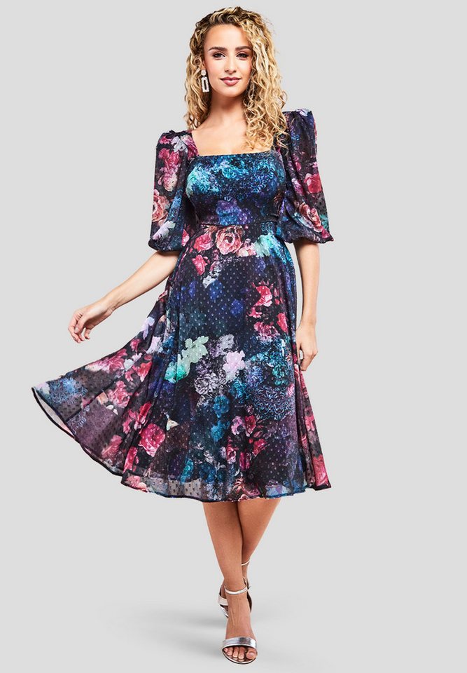 Goddiva Midikleid Puff Sleeve Shirred Back Midi Dress Puffärmel, floraler Print, gesmokter Rücken, Jerseyfutter, A-Linie von Goddiva